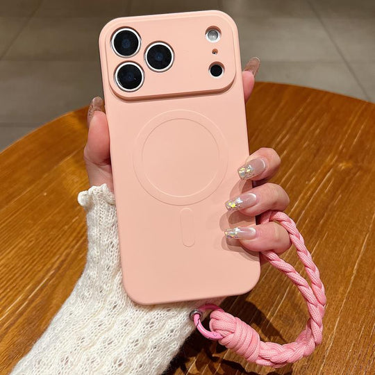 For iPhone 17 Pro Max Solid Color Liquid Silicone Magnetic Phone Case with Lanyard(Pink)