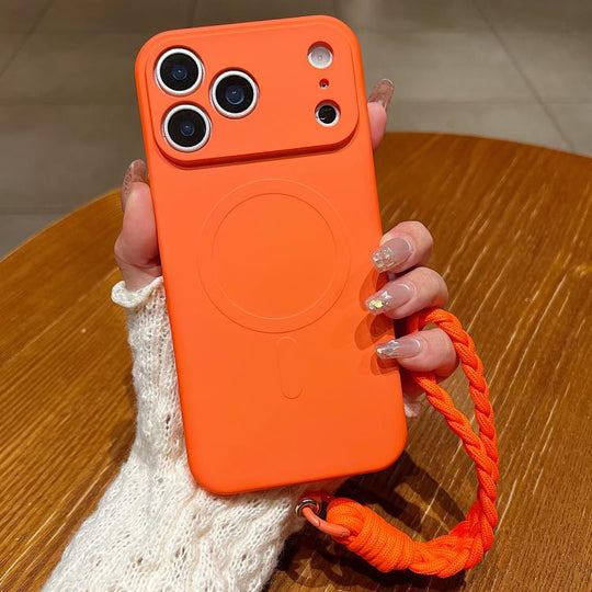 For iPhone 17 Pro Max Solid Color Liquid Silicone Magnetic Phone Case with Lanyard(Orange)