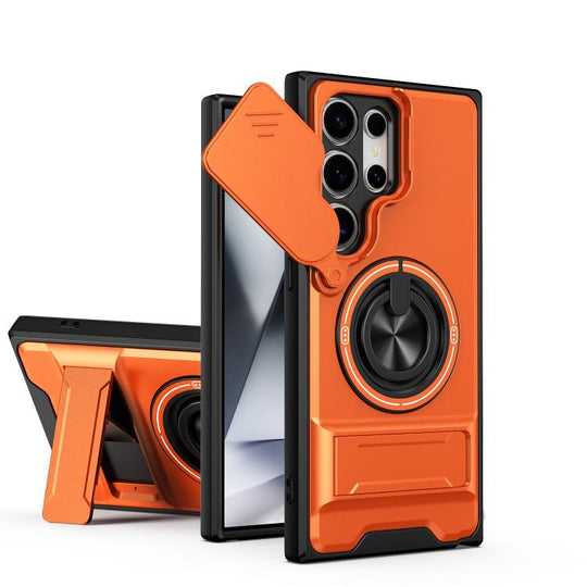 For Samsung Galaxy S24 Ultra 5G Lens Sliding Window Multifunctional Magnetic Shockproof Phone Case(Orange)