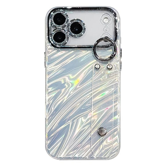 For iPhone 17 Pro Max Plating Ripples Texture Wristband Holder TPU Phone Case with Lens Film(Silver)