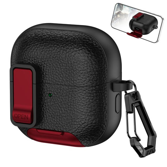 For Huawei FreeClip 2 Leather Texture Wireless Earphones Case with Hook & Holder(Black Red)