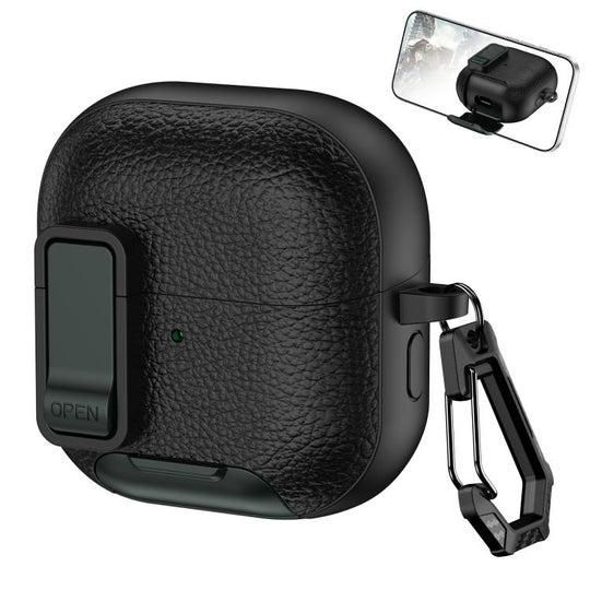 For Huawei FreeClip 2 Leather Texture Wireless Earphones Case with Hook & Holder(Black Army Green)