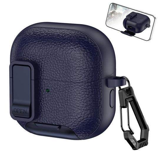 For Huawei FreeClip 2 Leather Texture Wireless Earphones Case with Hook & Holder(Dark Blue)