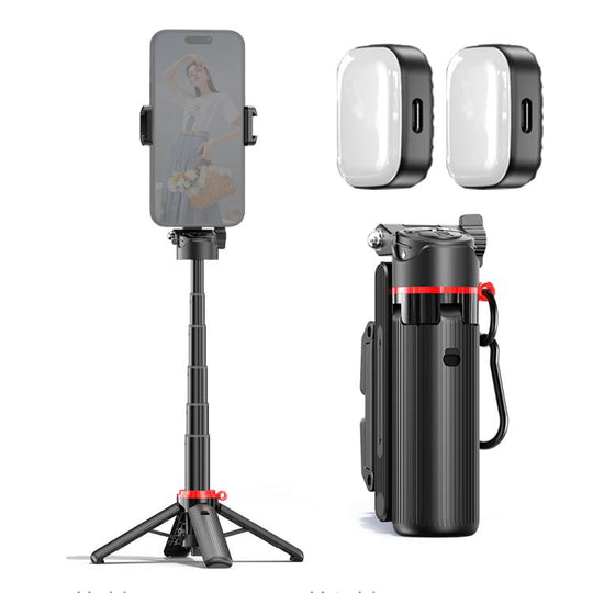 F07 410mm Mini Portable Wireless Remote Control Quadrapod Selfie Stick with 2pcs D9 Fill Lights(Black)