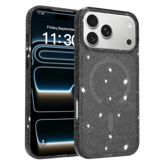For iPhone 18 Pro Max / 17 Pro Max Clear Glitter Magnetic PC Hybrid TPU Phone Case(Black)