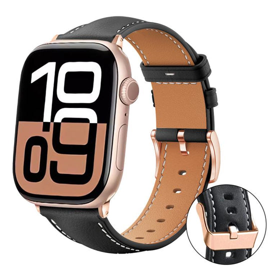 For Apple Watch 42 / 44 / 45 / 46 / 49mm xDfind Rose Gold Buckle Black Shark Fine Grain Vegan Leather Watch Band(Black)