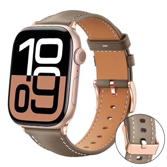 For Apple Watch 42 / 44 / 45 / 46 / 49mm xDfind Rose Gold Buckle Black Shark Fine Grain Vegan Leather Watch Band(Earthy Brown)