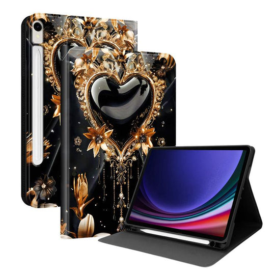For Samsung Galaxy Tab S10 FE / S10 Lite / S9 Painted Voltage Vegan Leather Tablet Case with Pen Slot(Black Gold Heart)