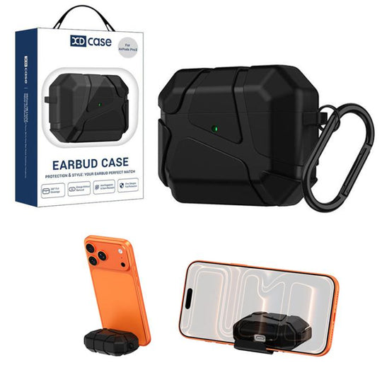For AirPods Pro 3 XDcase Football-style Security Lock TPU Earbud Case with Hook & Holder(Black)