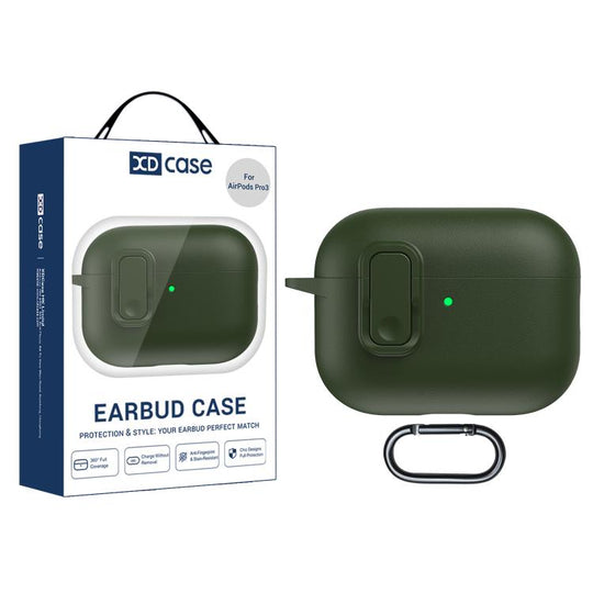 For AirPods Pro 3 XDcase Faux Leather Texture Security Lock TPU Earbud Case(Dark Green)
