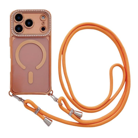 For iPhone 17 Pro Max Rhinestone Clear Acrylic Electroplated Magnetic Phone Case with Neck Lanyard(Orange)