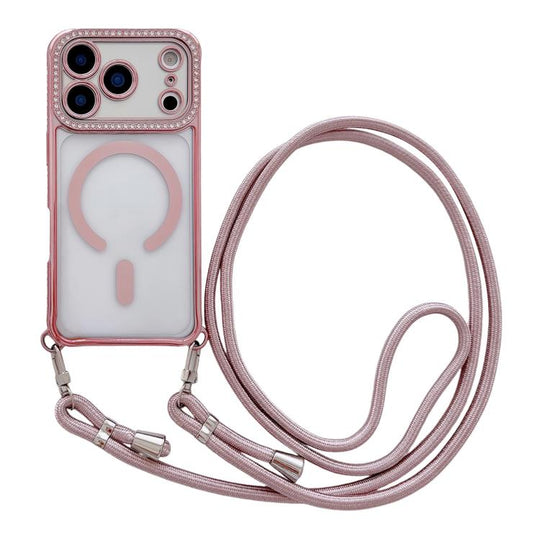 For iPhone 17 Pro Max Rhinestone Clear Acrylic Electroplated Magnetic Phone Case with Neck Lanyard(Pink)