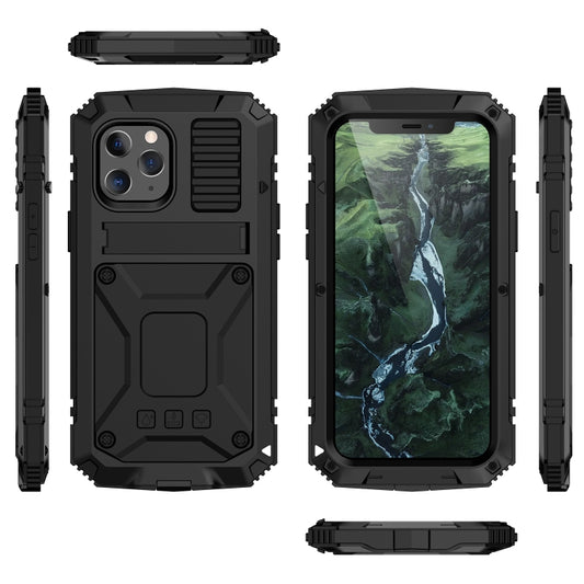 For iPhone 12 / 12 Pro R-JUST Shockproof Waterproof Dust-proof Metal + Silicone Protective Case with Holder(Black) - iPhone 12 / 12 Pro Cases by R-JUST | Online Shopping UK | buy2fix