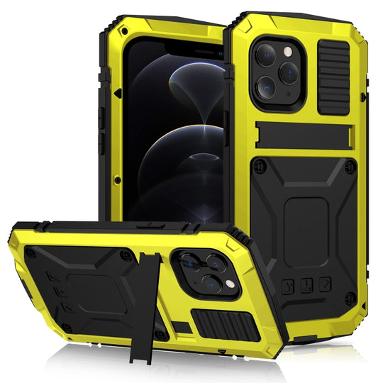 For iPhone 12 / 12 Pro R-JUST Shockproof Waterproof Dust-proof Metal + Silicone Protective Case with Holder(Yellow)