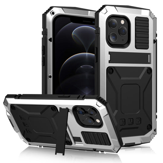 For iPhone 12 / 12 Pro R-JUST Shockproof Waterproof Dust-proof Metal + Silicone Protective Case with Holder(Silver)