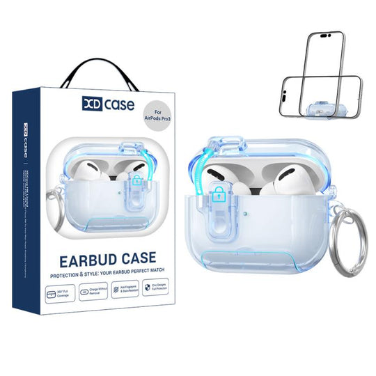 For AirPods Pro 3 XDcase Clear TPU Auto Pop-Up Earbud Case with Holder(Transparent Blue)