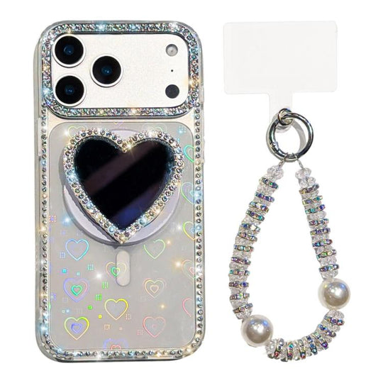 For iPhone 18 Pro Max / 17 Pro Max Sparkling IMD Heart-Shaped Mirror Magnetic Phone Case with Bracelet(Love Transparent)