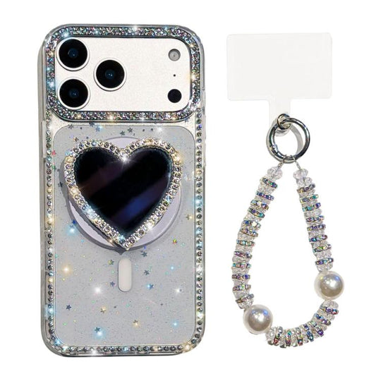 For iPhone 18 Pro Max / 17 Pro Max Sparkling IMD Heart-Shaped Mirror Magnetic Phone Case with Bracelet(Glitter Star)