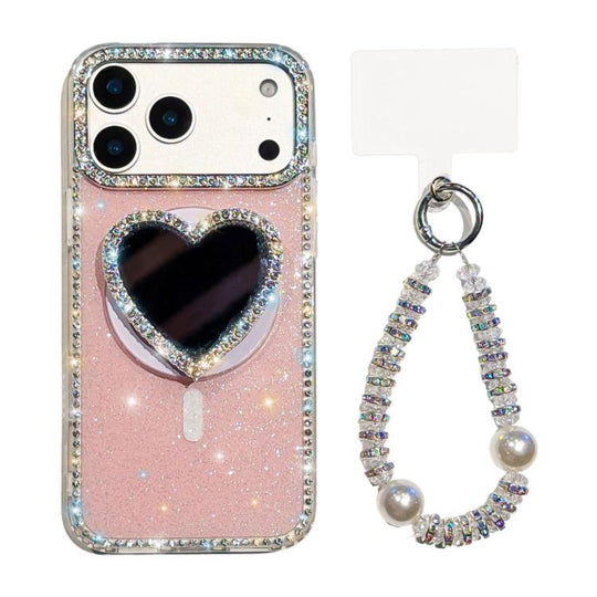 For iPhone 18 Pro Max / 17 Pro Max Sparkling IMD Heart-Shaped Mirror Magnetic Phone Case with Bracelet(Glitter Light Pink)