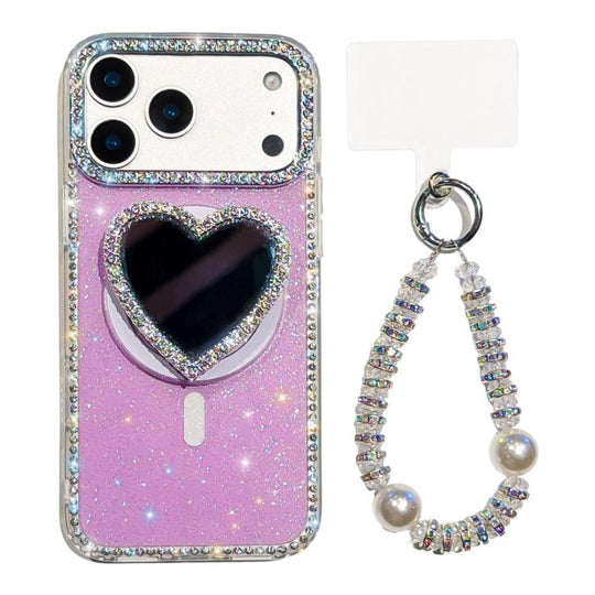 For iPhone 18 Pro Max / 17 Pro Max Sparkling IMD Heart-Shaped Mirror Magnetic Phone Case with Bracelet(Glitter Light Purple)