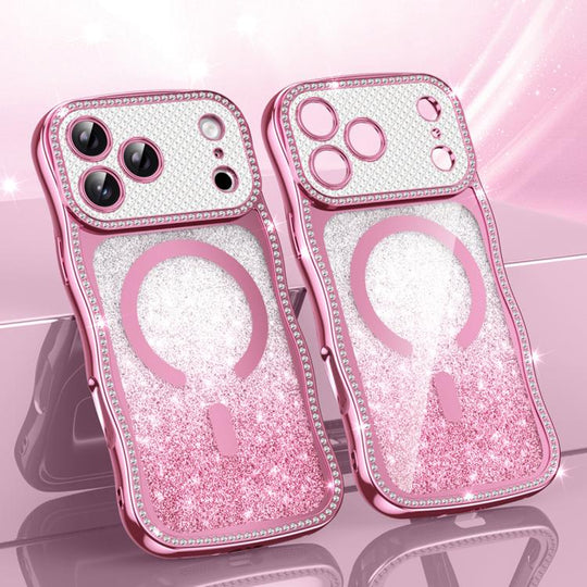For iPhone 17 Pro Max Wavy Frame Star Diamond Electroplate TPU Glitter Magnetic Phone Case(Gradient Pink)