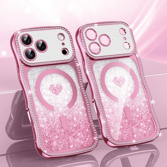 For iPhone 17 Pro Max Wavy Frame Star Diamond Electroplate TPU Glitter Heart Magnetic Phone Case(Gradient Pink)