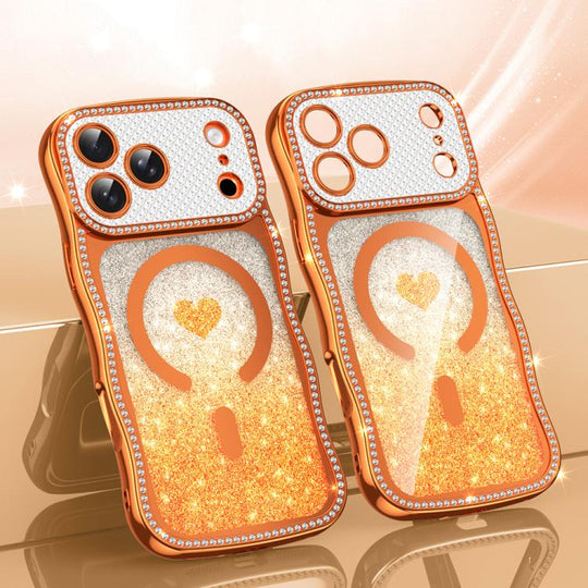 For iPhone 17 Pro Max Wavy Frame Star Diamond Electroplate TPU Glitter Heart Magnetic Phone Case(Gradient Orange)