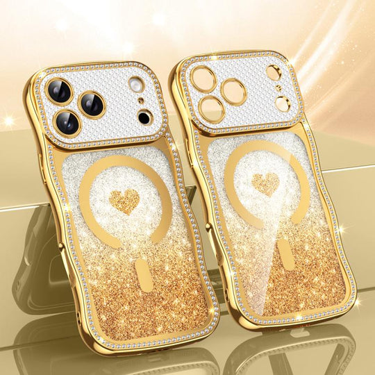 For iPhone 17 Pro Max Wavy Frame Star Diamond Electroplate TPU Glitter Heart Magnetic Phone Case(Gradient Gold)