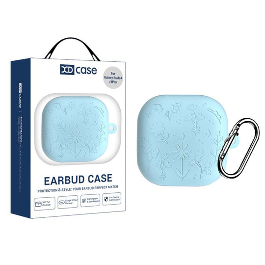 For Samsung Galaxy Buds4 / 4 Pro XDcase Floral Embossing Silicone Earbuds Case with Hook(Light Blue)