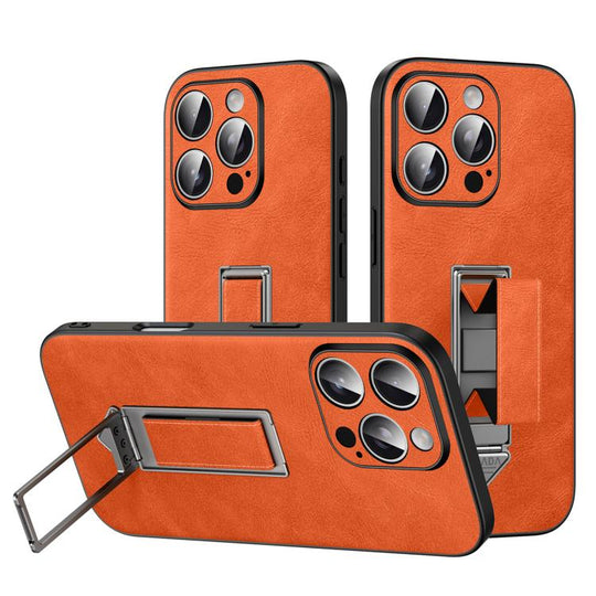 For iPhone 16 Pro Max SULADA Wristband Hidden Metal Holder Faux Leather Phone Case(Orange)