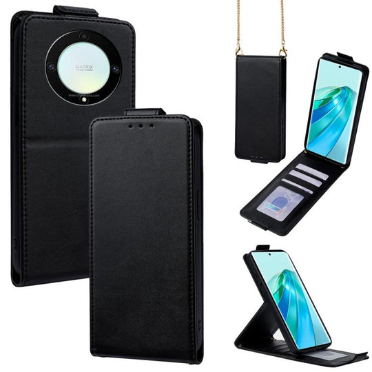 For Honor X9a 5G / Magic5 Lite 5G Vertical Flip Cover Solid Color Vegan Leather Phone Case with Crossbody Chain(Black)