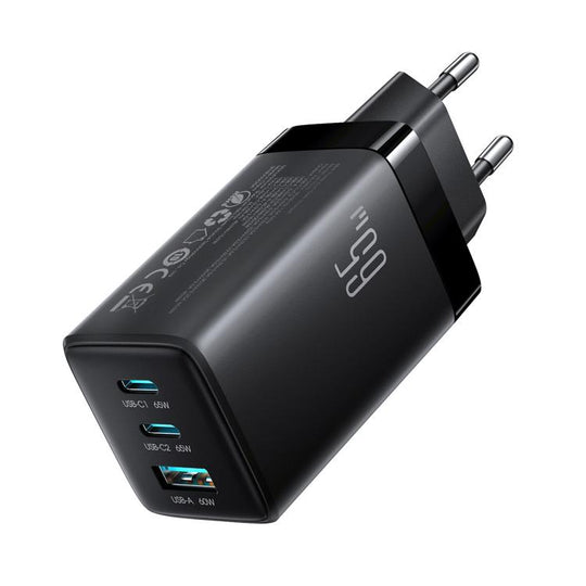 JOYROOM JR-TG10 65W GaN Dual Type-C, USB 3-Port Charger with Type-C to Type-C Cable, Plug:EU Plug(Black)