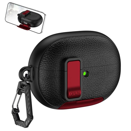For Huawei FreeBuds Pro 5 Leather Texture Wireless Earphones Case with Hook & Holder(Black Red)