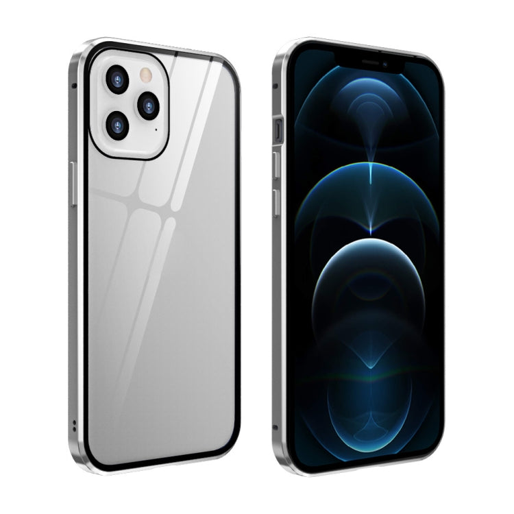 For iPhone 12 Pro Max Double Sides Tempered Glass Magnetic Adsorption Metal Frame Anti-peep Screen Case(Silver) by buy2fix