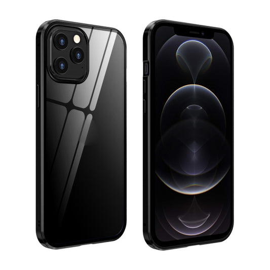 For iPhone 12 / 12 Pro Double Sides Tempered Glass Magnetic Adsorption Metal Frame Anti-peep Screen Case(Black) by buy2fix
