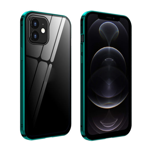 For iPhone 12 / 12 Pro Double Sides Tempered Glass Magnetic Adsorption Metal Frame Anti-peep Screen Case(Bright Green) by buy2fix