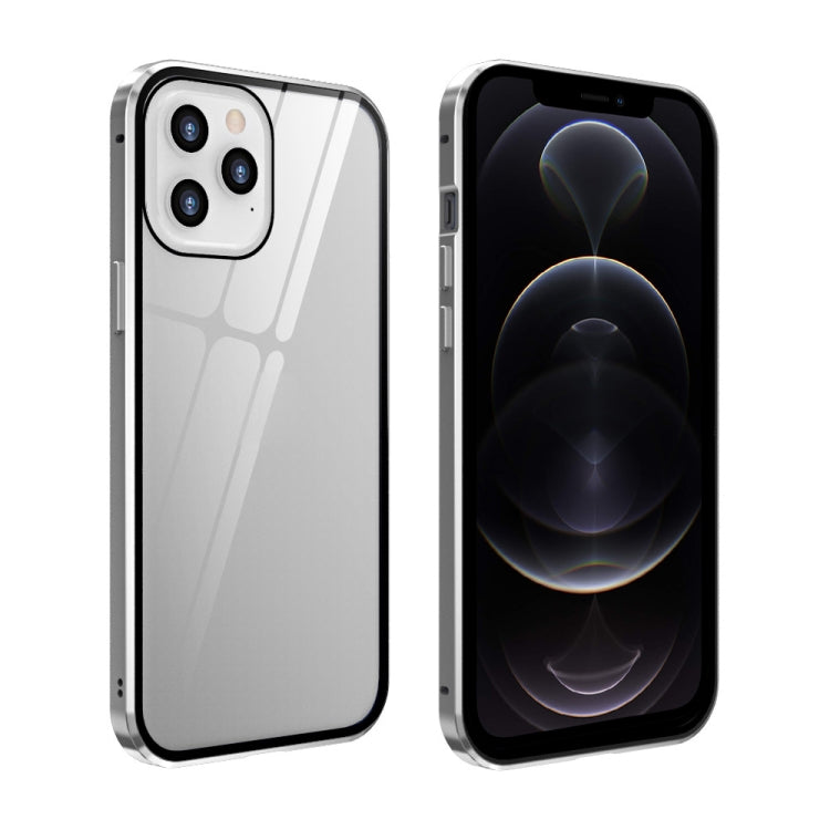 For iPhone 12 / 12 Pro Double Sides Tempered Glass Magnetic Adsorption Metal Frame Anti-peep Screen Case(Silver) by buy2fix
