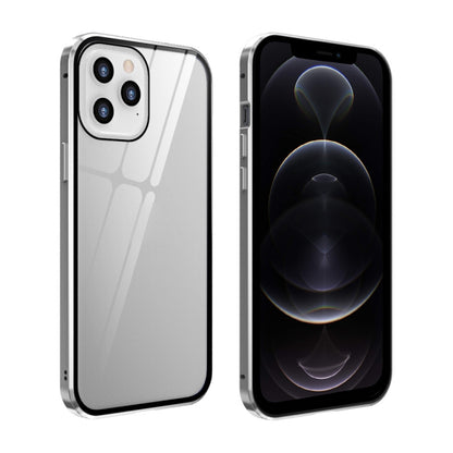 For iPhone 12 / 12 Pro Double Sides Tempered Glass Magnetic Adsorption Metal Frame Anti-peep Screen Case(Silver) by buy2fix