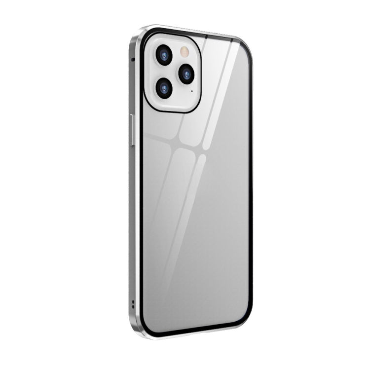 For iPhone 12 / 12 Pro Double Sides Tempered Glass Magnetic Adsorption Metal Frame Anti-peep Screen Case(Silver) by buy2fix