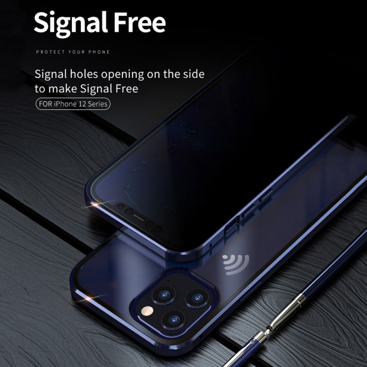 For iPhone 12 / 12 Pro Double Sides Tempered Glass Magnetic Adsorption Metal Frame Anti-peep Screen Case(Blue) by buy2fix