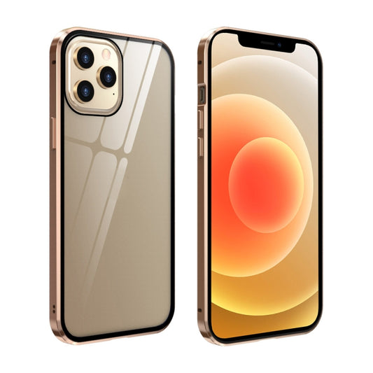 For iPhone 12 mini Double Sides Tempered Glass Magnetic Adsorption Metal Frame Anti-peep Screen Case (Gold) by buy2fix