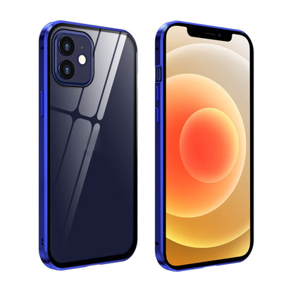 For iPhone 12 mini Double Sides Tempered Glass Magnetic Adsorption Metal Frame Anti-peep Screen Case (Blue Purple) by buy2fix
