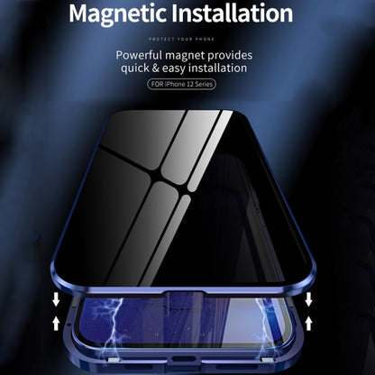 For iPhone 12 mini Double Sides Tempered Glass Magnetic Adsorption Metal Frame Anti-peep Screen Case (Blue Purple) by buy2fix