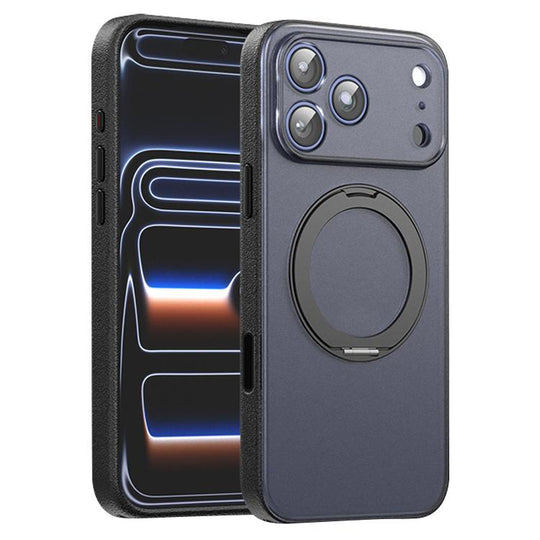 For iPhone 17 Pro Max Vegan Leather Magnetic Phone Case with 360 Degrees Rotating Stand(Black)