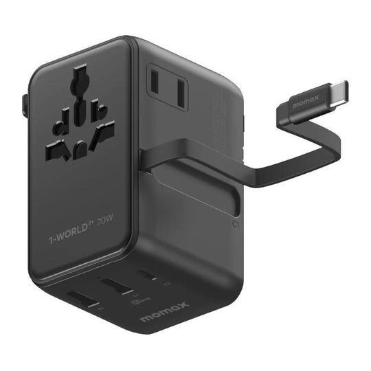 MOMAX UA30 1-World 2+ 70W Dual AC Universal Travel GaN Charger with Retractable Cable(Black)