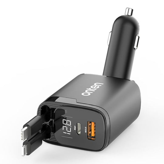 Onten CW72 4 in 1 USB-A and Type-C / USB-C Car Charger with 8 Pin and Type-C / USB-C Retractable Cable(Black)