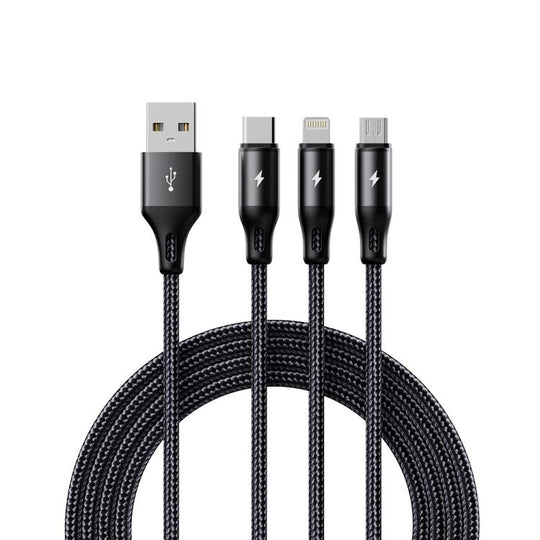 ROCK RCB0790 1.2m 3-in-1 USB to 8 Pin + Type-C + Micro USB Metal Braided Charging Cable(Black)