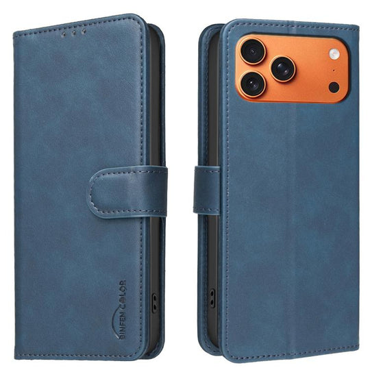 For iPhone 18 Pro Max/17 Pro Max Solid Color Calfskin Texture RFID Vegan Leather Phone Case(Blue)