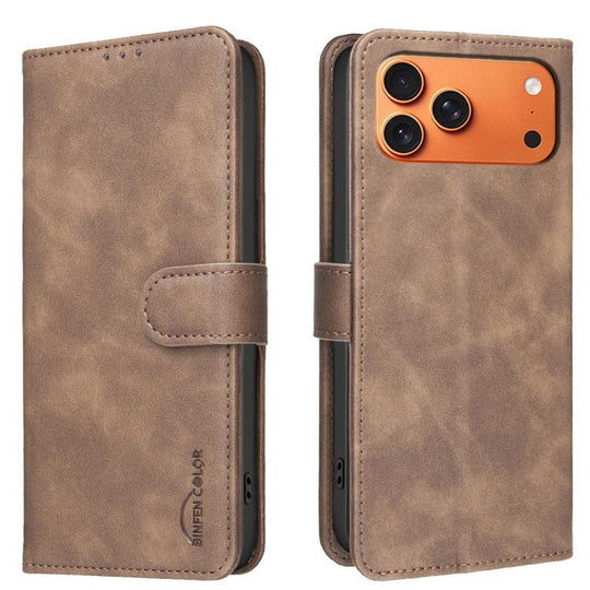 For iPhone 18 Pro Max/17 Pro Max Solid Color Calfskin Texture RFID Vegan Leather Phone Case(Brown)