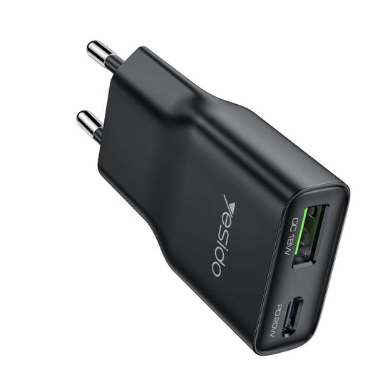 Yesido YC112 Ultra-thin 20W Dual-port PD QC Fast Charger, Plug:EU Plug(Black)